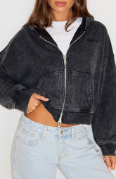 Hard To Remember Zip Front Hoodie Washed Black