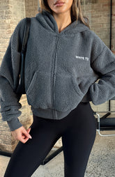 Always First Teddy Borg Boxy Zip Front Hoodie Charcoal