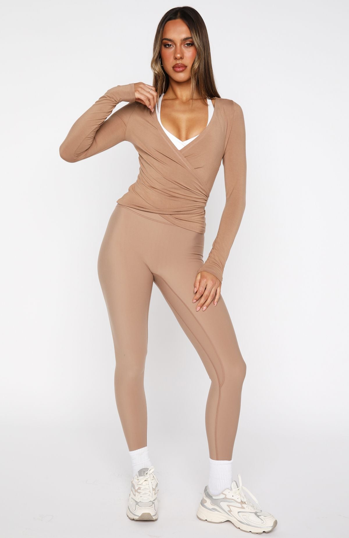 Staying Cute Long Sleeve Wrap Top Caramel